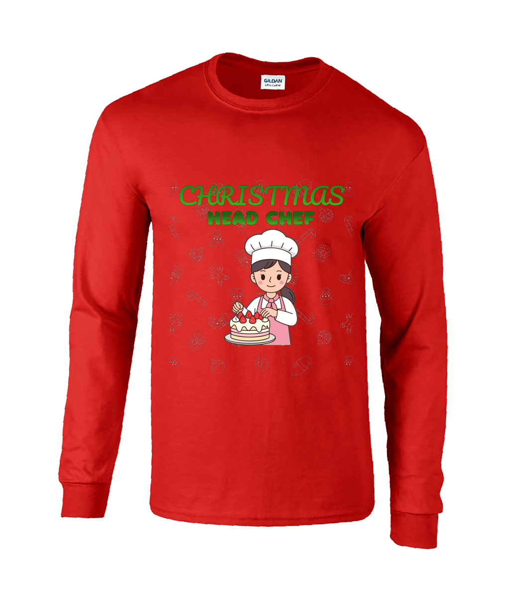 Red long-sleeve shirt with Christmas chef graphic and text on it.