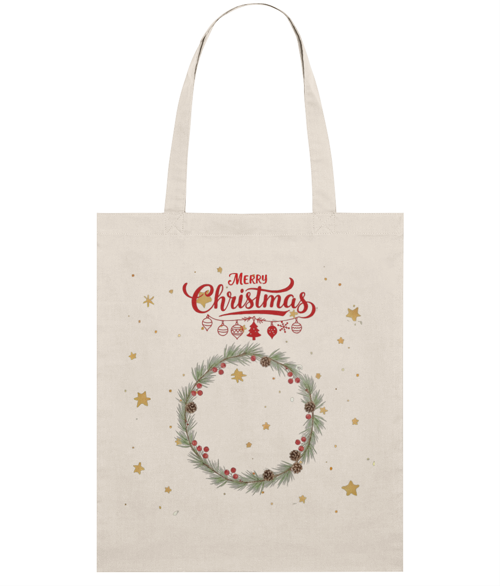 Beige tote bag with Christmas design featuring a wreath and 'Merry Christmas' text.
