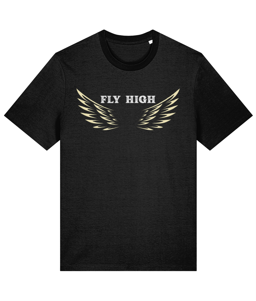 Black t-shirt with 'Fly High' text and wings design on a white background