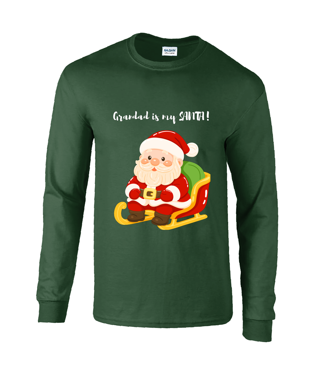 Green long-sleeve shirt with Santa Claus graphic and text Grandad is my my santa.