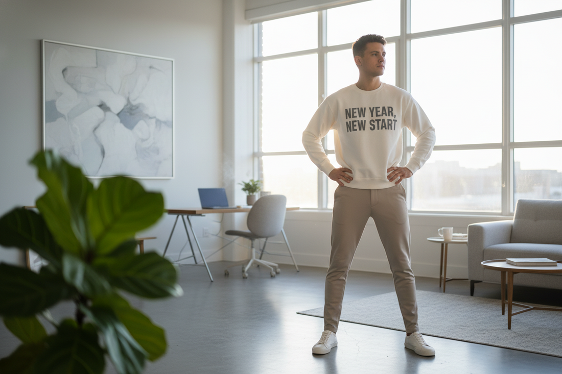 Person wearing motivational sweatshirt in confident pose representing dressing for success in the New Year