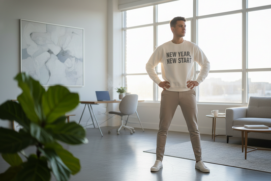 Person wearing motivational sweatshirt in confident pose representing dressing for success in the New Year