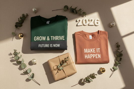 New Year motivational apparel gift guide featuring sustainable t-shirts and sweatshirts with inspiring messages