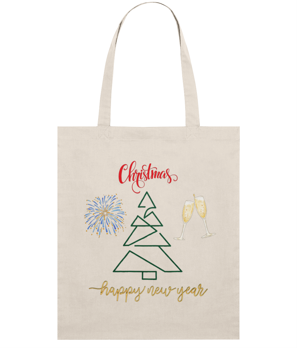 Beige tote bag with Christmas and new year themed graphics and text.