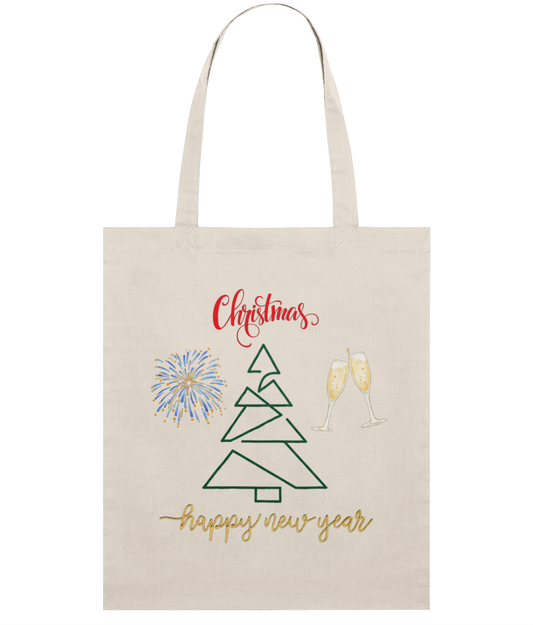 Beige tote bag with Christmas and new year themed graphics and text.