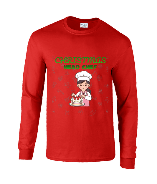 Red long-sleeve shirt with Christmas chef graphic and text on it.
