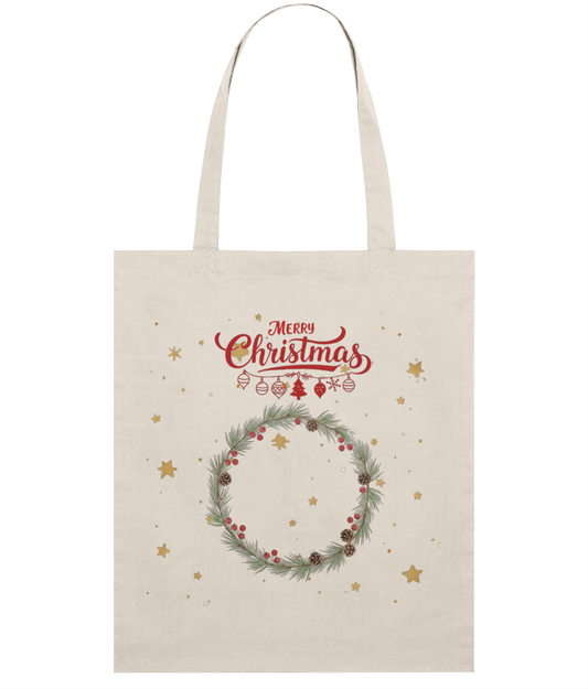 Beige tote bag with Christmas design featuring a wreath and 'Merry Christmas' text.