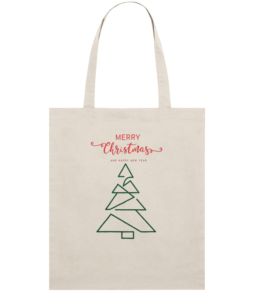 Beige tote bag with a green Christmas tree design and red text on a white background
