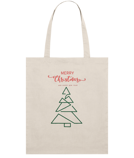 Beige tote bag with a green Christmas tree design and red text on a white background