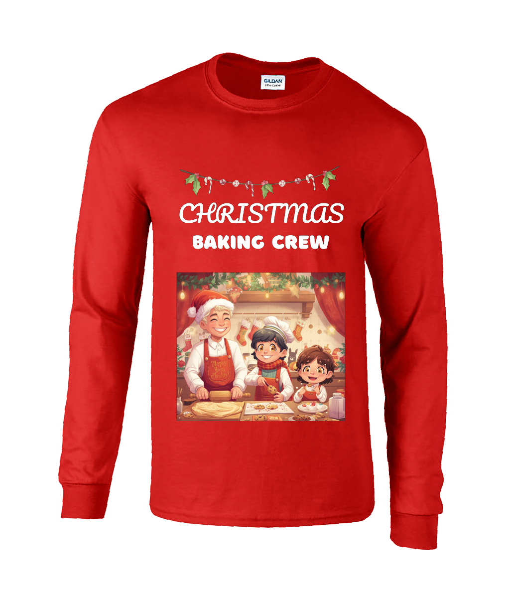 Red long-sleeve shirt with 'Christmas Baking Crew' design on a white background