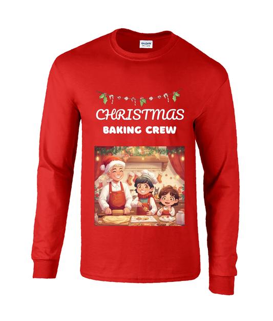 Red long-sleeve shirt with 'Christmas Baking Crew' design on a white background
