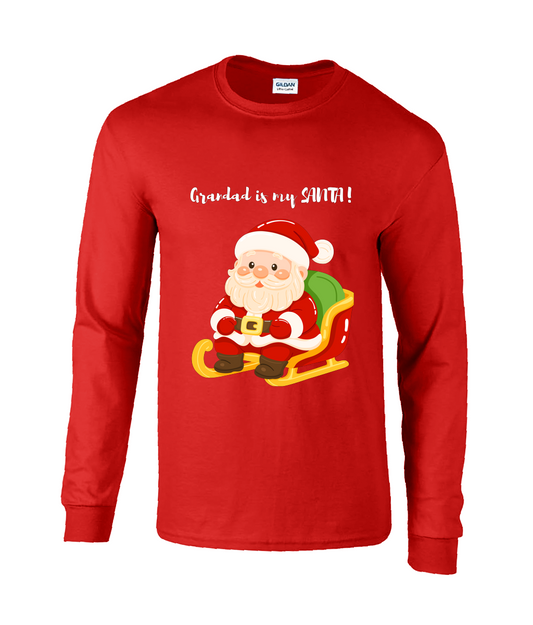 Red long-sleeve shirt with Santa Claus graphic and text Grandad is my santa text
