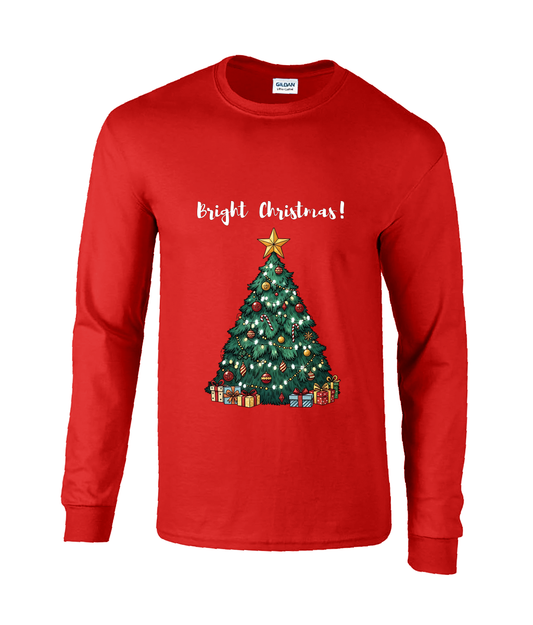 Red long-sleeve shirt with a Christmas tree design and 'Bright Christmas!' text.