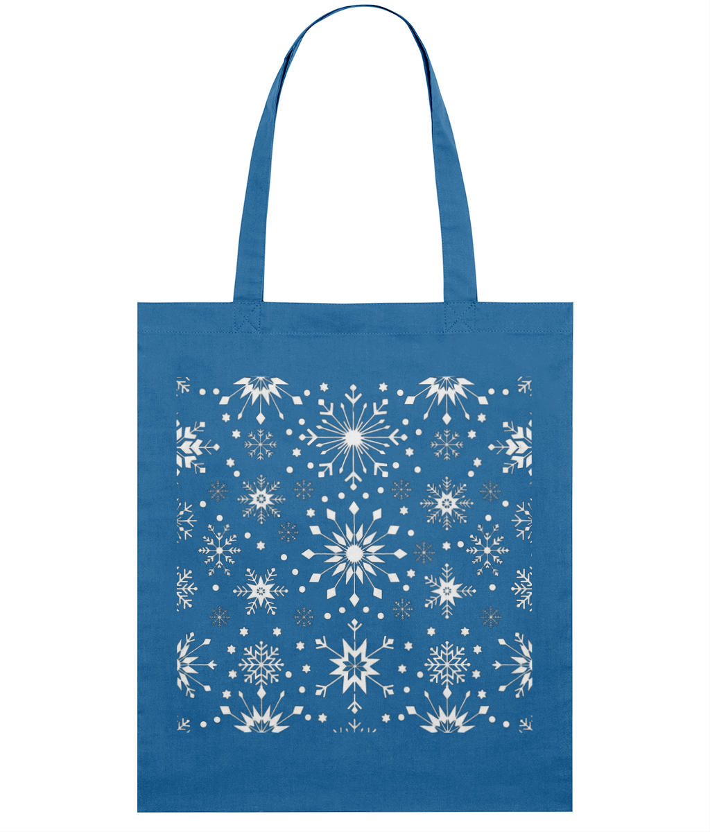 Blue tote bag with white snowflake pattern 