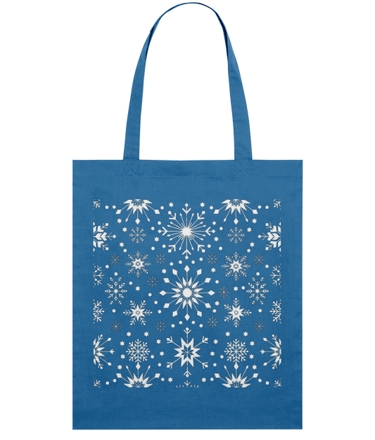 Blue tote bag with white snowflake pattern 