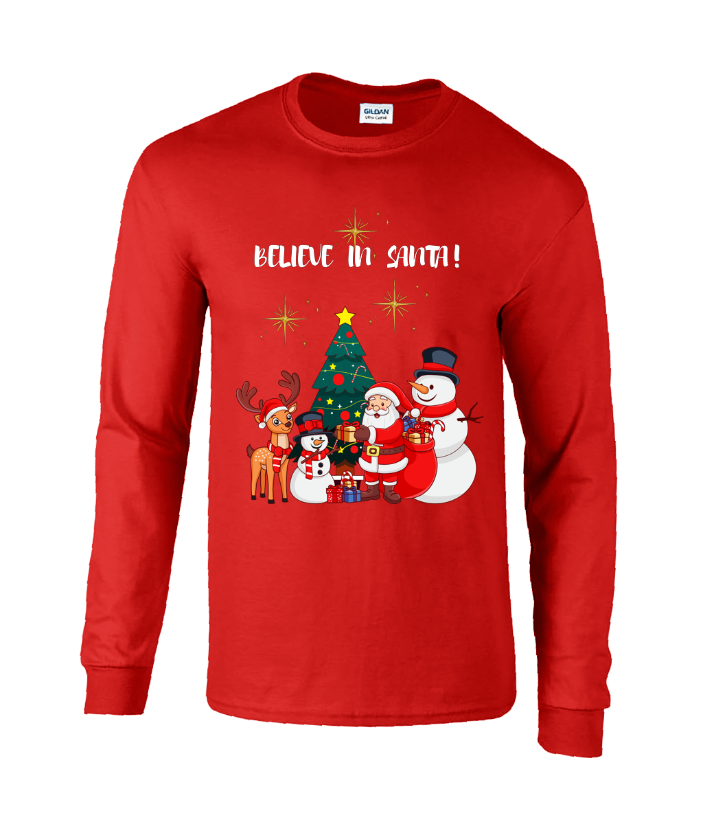 Red long-sleeve shirt with Christmas-themed design with text 'Believe in Santa!.